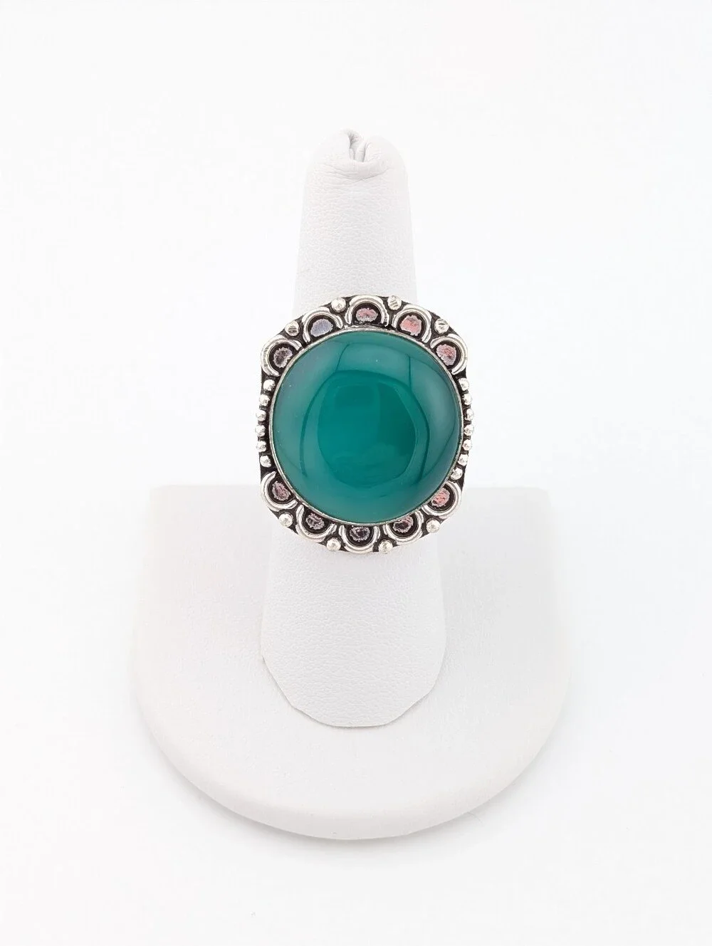 Teal Cabochon Silver Tone Statement Ring - 8 - N